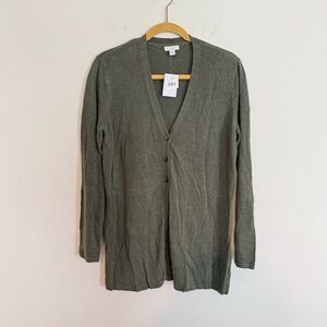 NWT J Jill V Neck 3 Button Front Longline Cardigan Moss Green M Lagenlook Linen